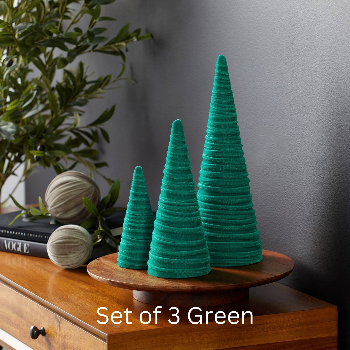 Cones Velvet Set of 3 Tablescape Mantel Best 25 Colors: Green