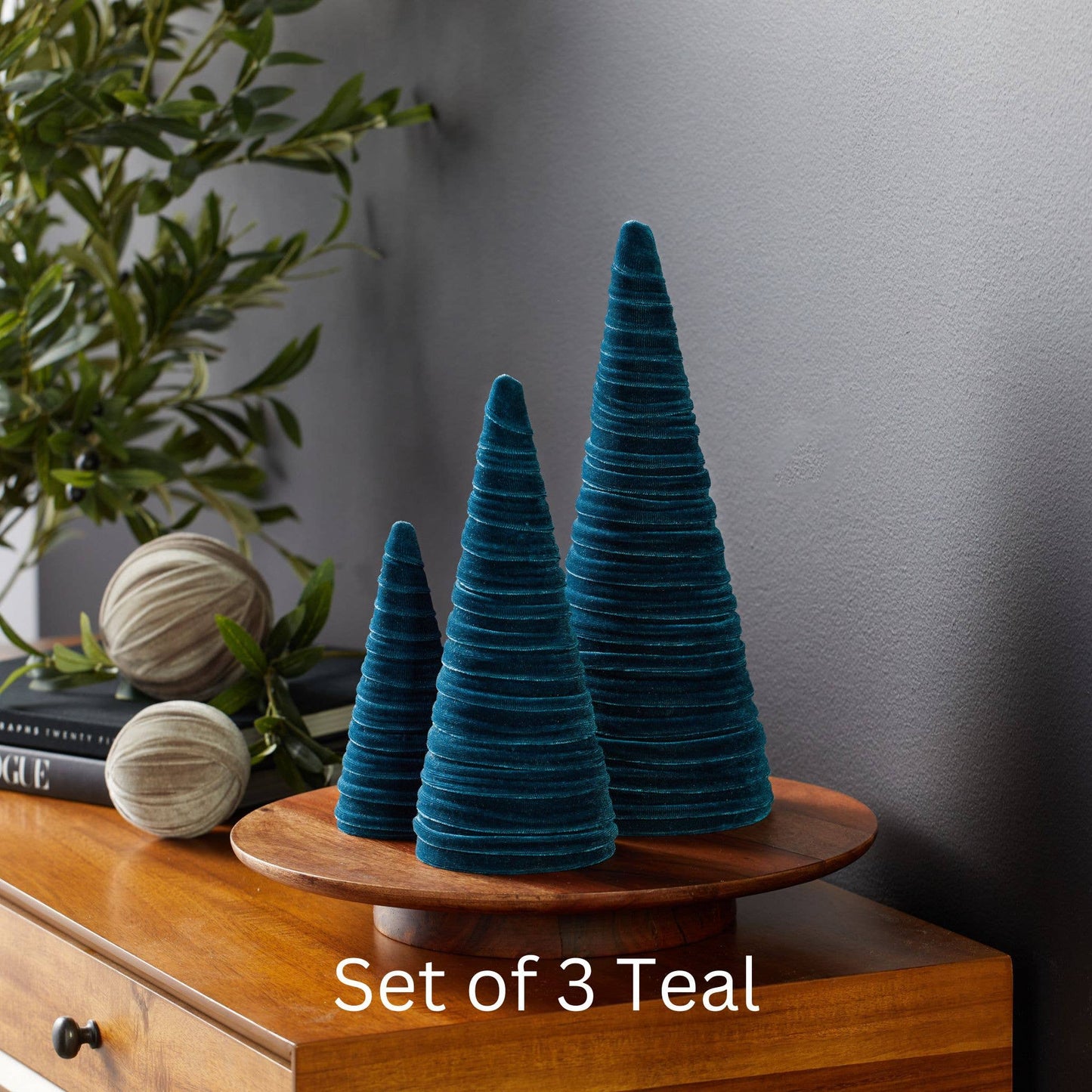 Cones Velvet Set of 3 Tablescape Mantel Best 25 Colors: Green