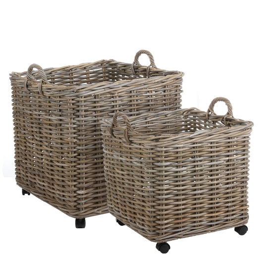 Square Rattan Rolling Baskets, Set of 2