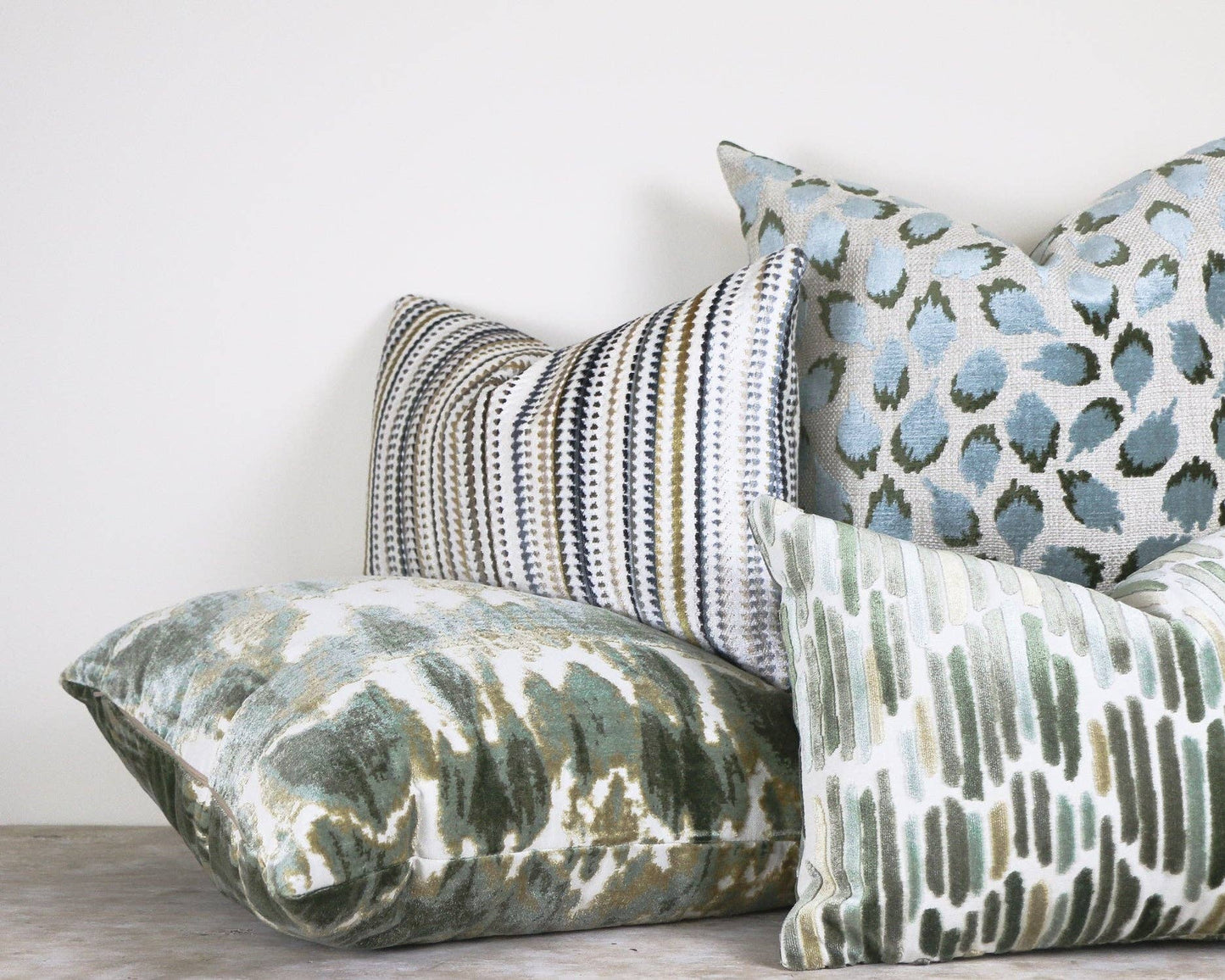 Lottie Aqua & Green Spotted Velvet Throw Pillow: Mineral / 14x20"