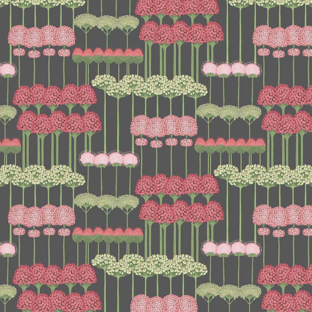 Allium Wallpaper Cole & Sons / Coral and Leaf Green on Charcoal