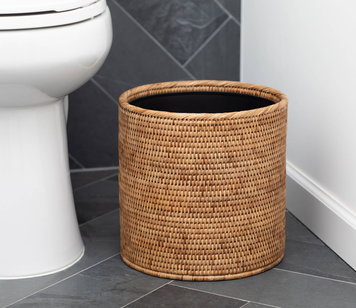 Artifacts Rattan™ Round Waste Basket with Metal Liner: Tudor Black