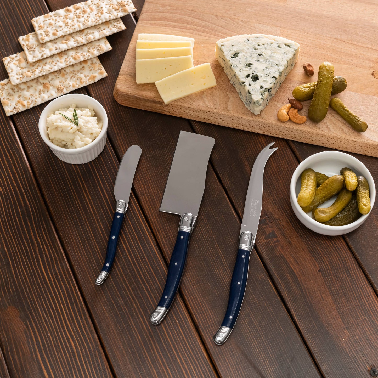 French Home 3-Piece Laguiole Cheese Knife Set with Navy Hand