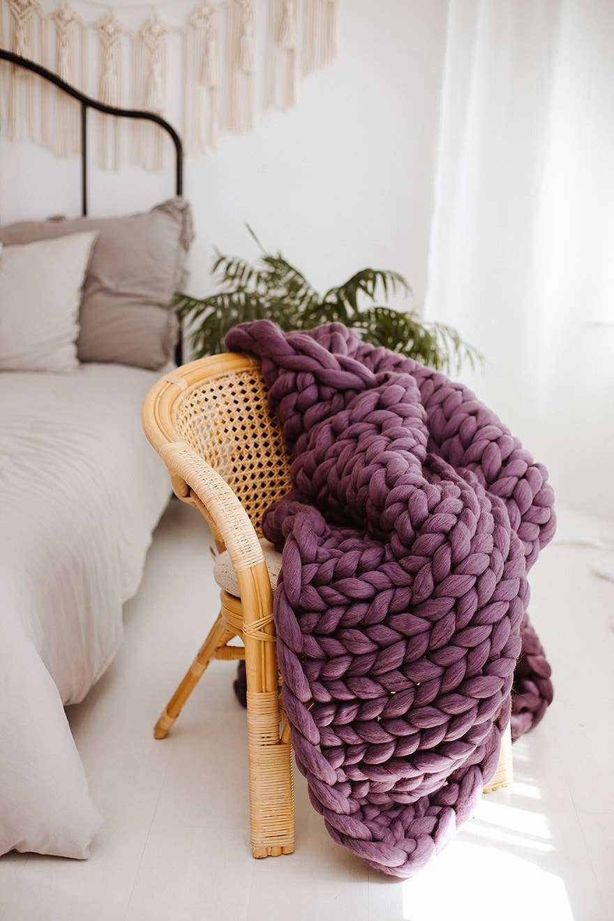 Chunky Knit Blanket 100% Merino Wool Arm Knit Blanket: Grey / 30x50 inches