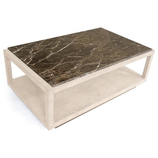 Ravenna Console, Linen Shagreen with Polished Brown Emperador Marble Top