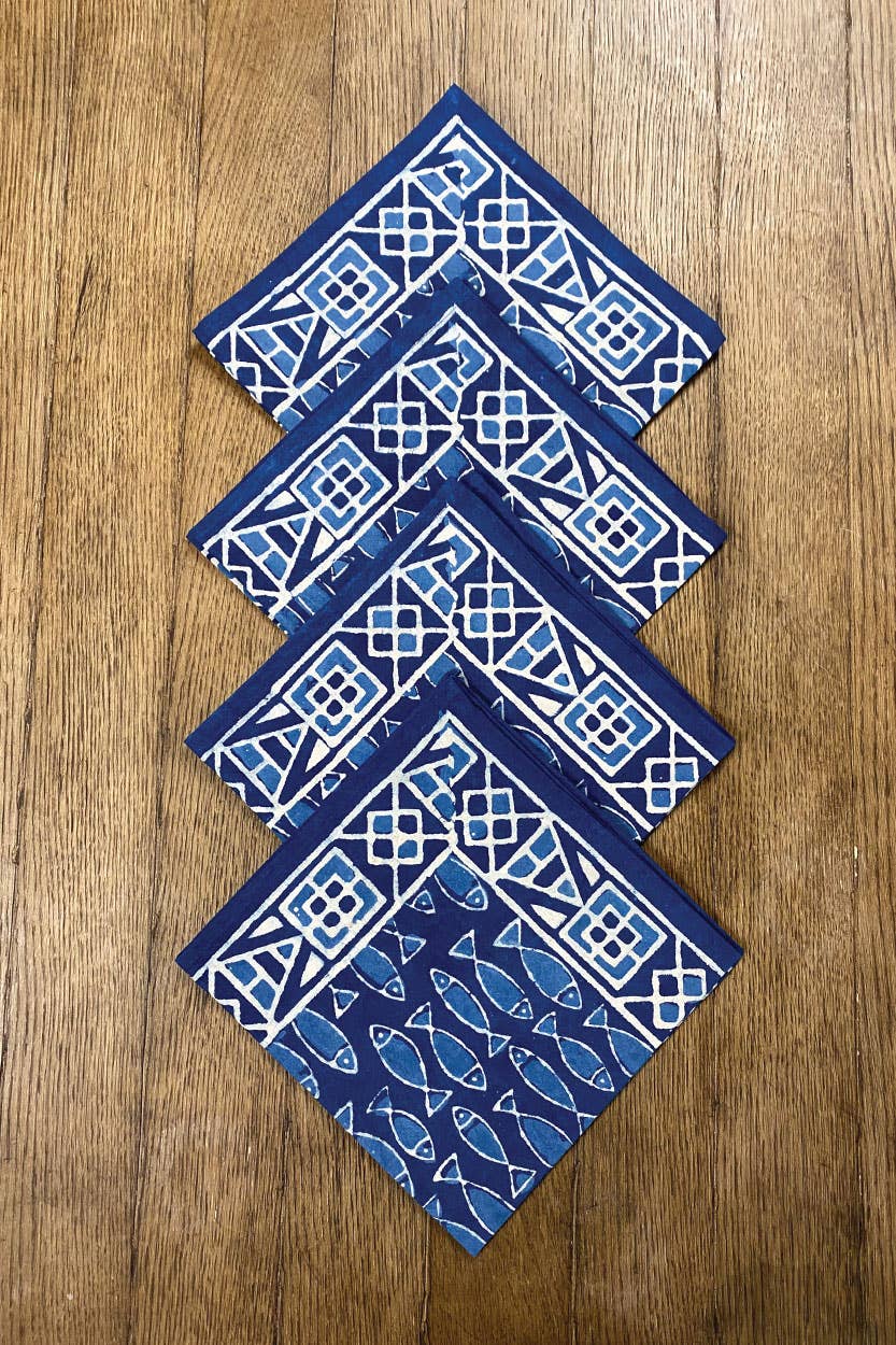 Indigo Fish Block Print  Napkin / Set 4