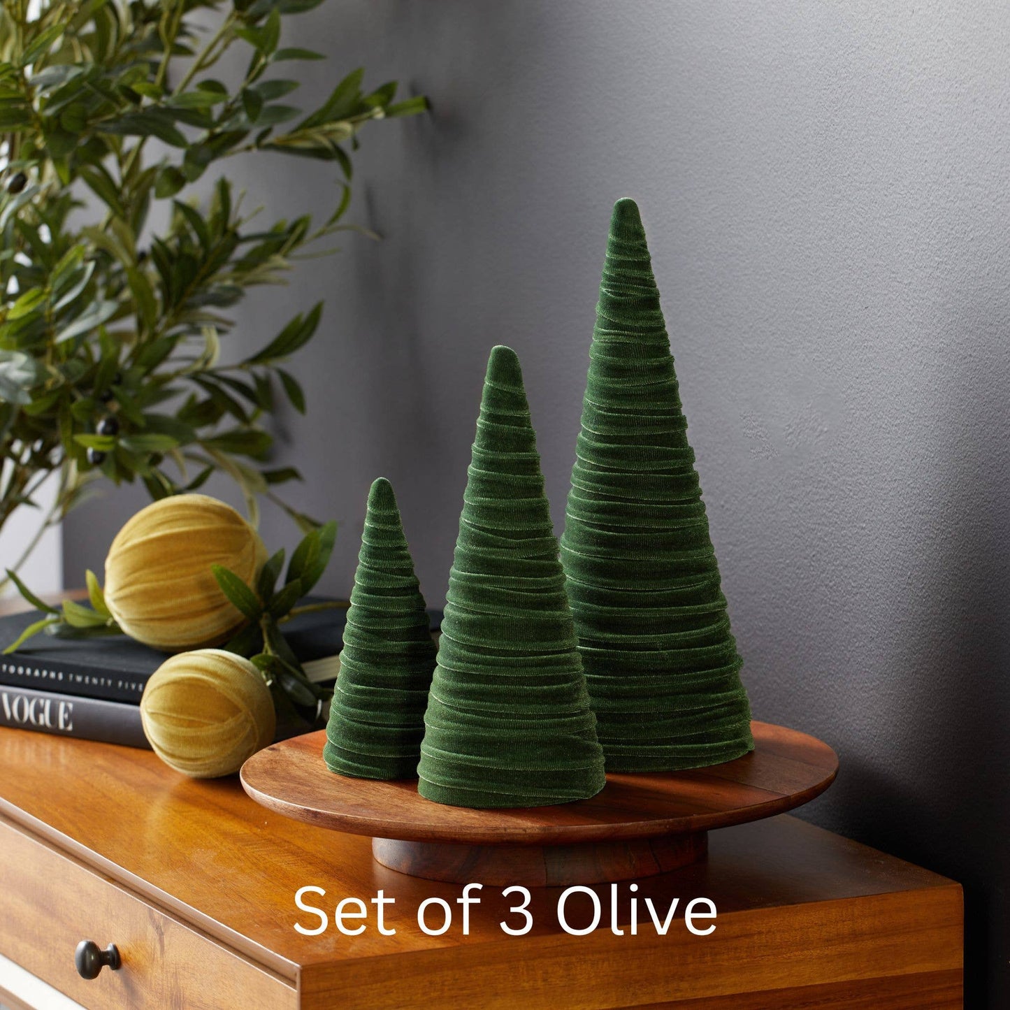 Cones Velvet Set of 3 Tablescape Mantel Best 25 Colors: Green