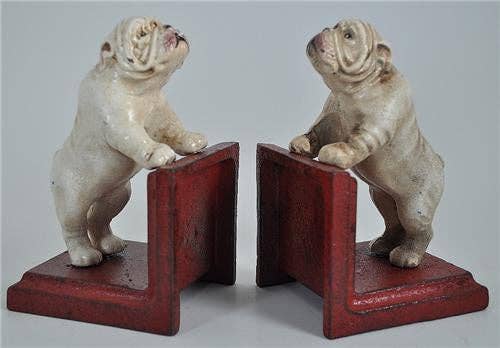 Bookends - Cast Iron Pair White Vintage Bulldog