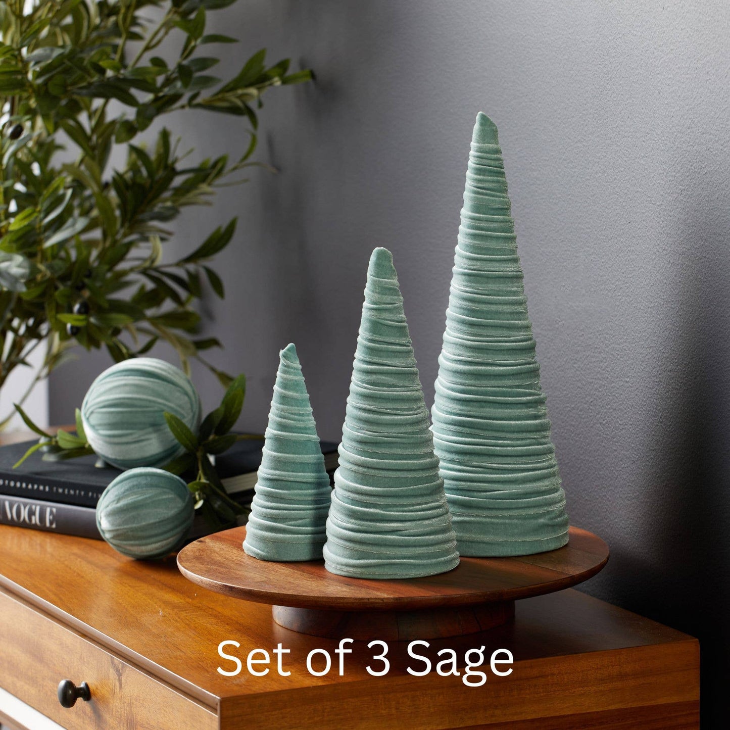 Cones Velvet Set of 3 Tablescape Mantel Best 25 Colors: Green