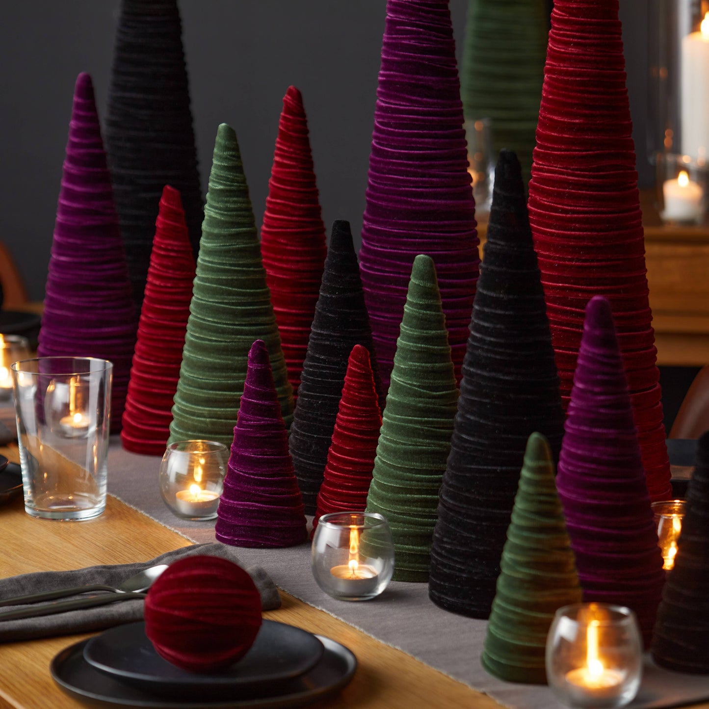 Cones Velvet Set of 3 Tablescape Mantel Best 25 Colors: Green