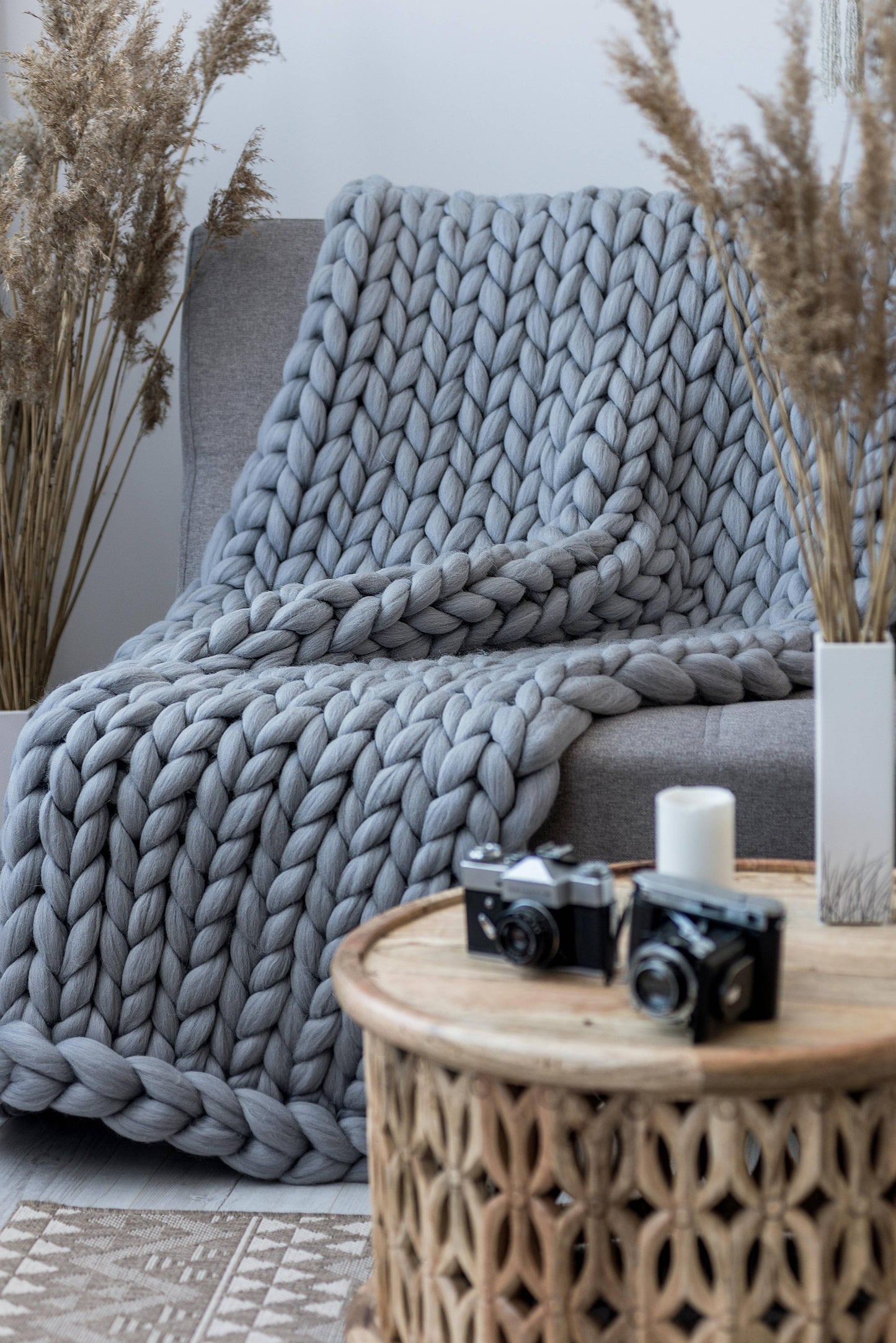 Chunky Knit Blanket, Giant Blanket, 100% Wool Blanket: Dark grey / 30x50 inches