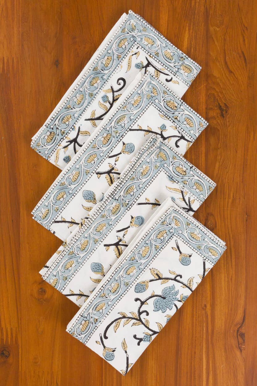 Silver Floral Block Print Napkin Set