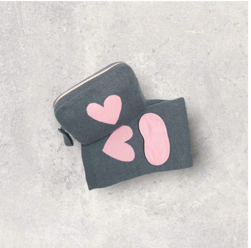 Grey & Pink Hearts Reversible Travel Blanket Set
