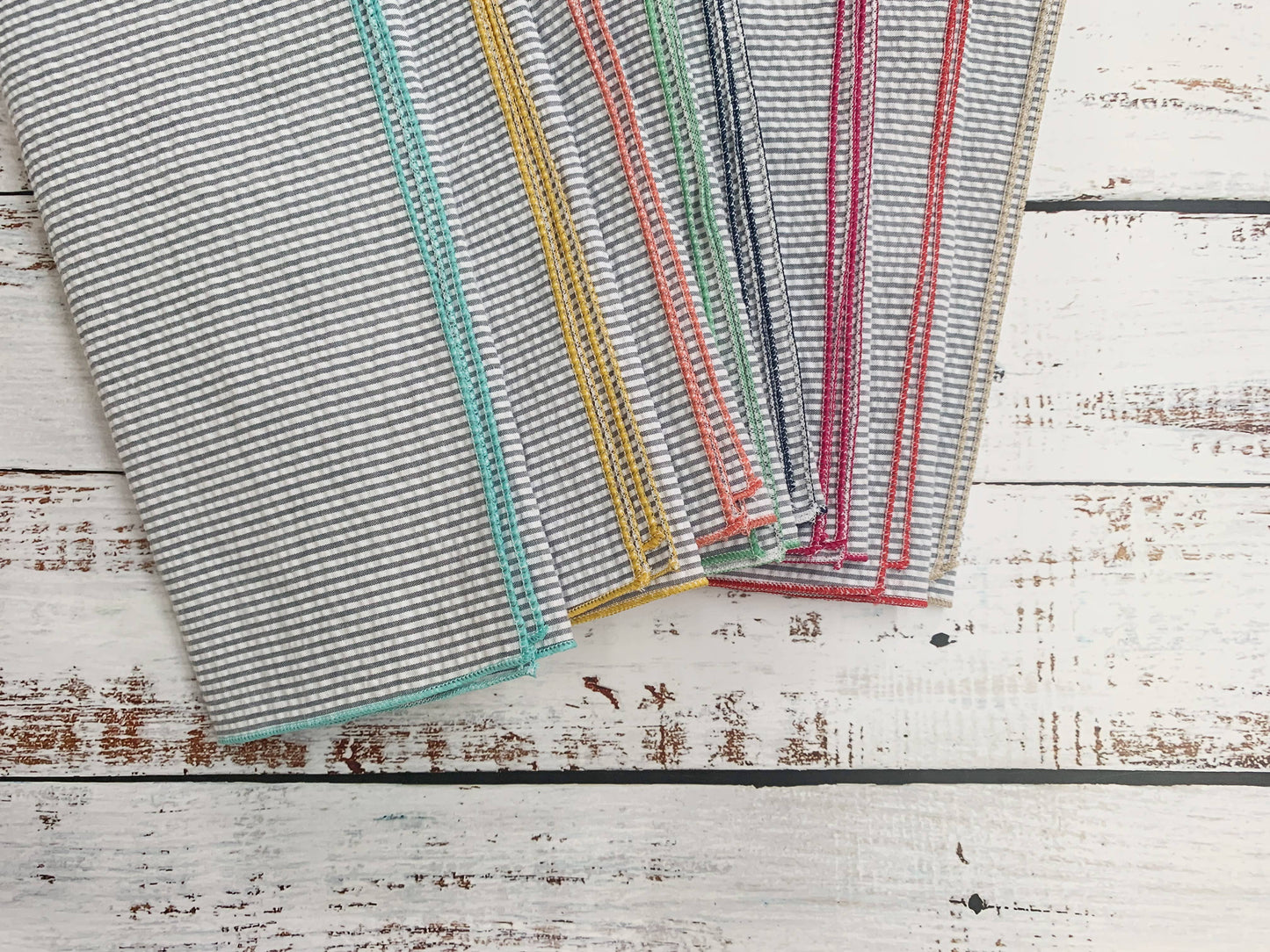 Grey Seersucker Everyday Cloth Napkins with Colorful Edges, set of 8