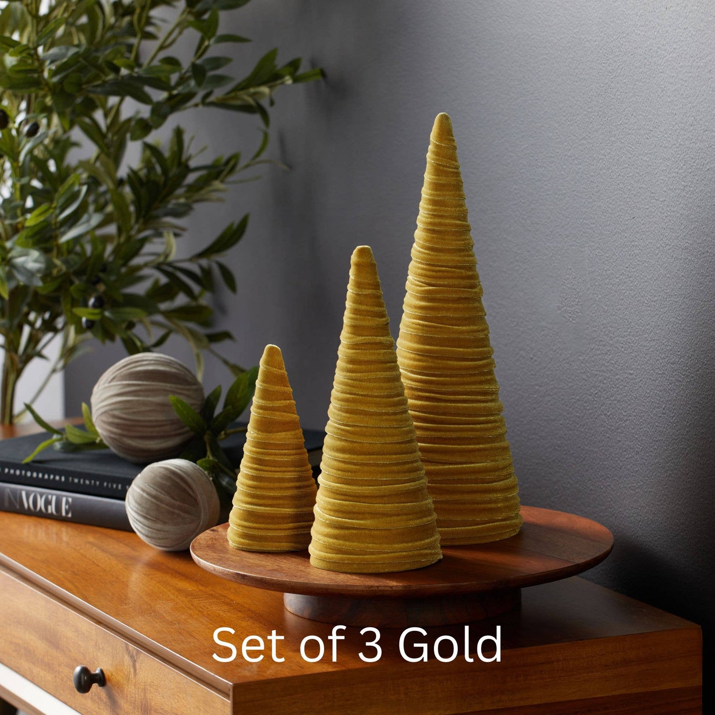 Cones Velvet Set of 3 Tablescape Mantel Best 25 Colors: Green