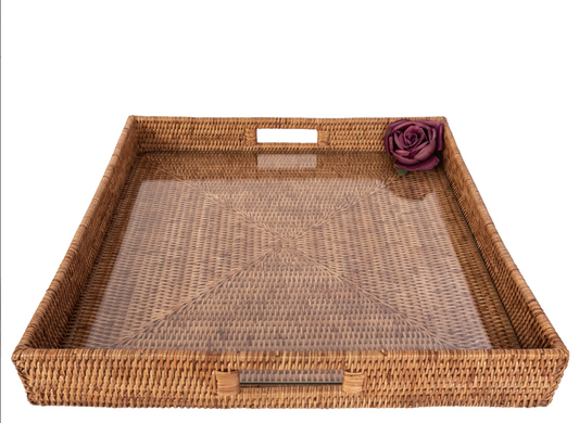rattan serving ottoman tray with glass insert honey brown 20"