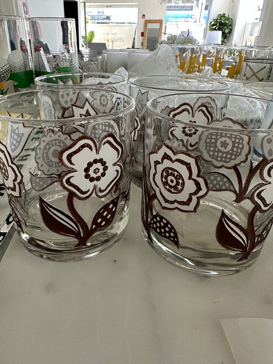 Vintage Culver Brown Flower Glasses, Set of 8