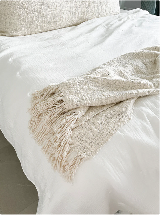 Cozy Cotton White Boucle Fringe Throw 50x70