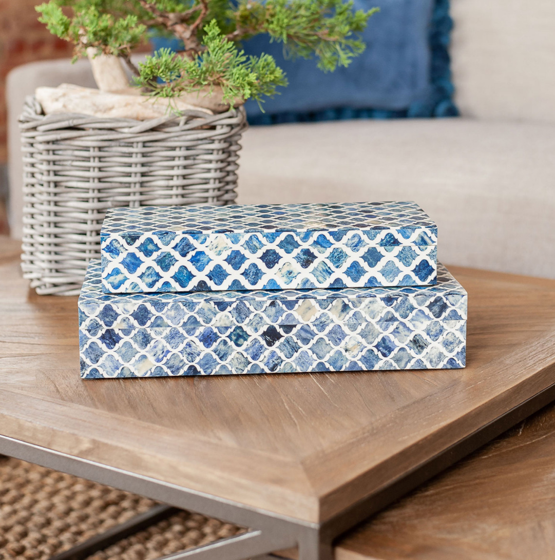 Rhea Wood and Bone Decorative Box, Blue