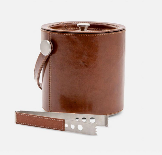 Bristol Tobacco Leather Ice Bucket with Tongs, Round
