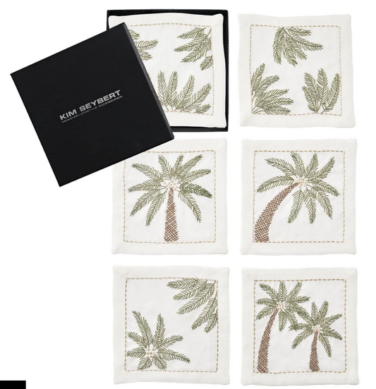 Palm Coast Cocktail Napkin in White, Green & Gold, Set of 6 in a Gift Box