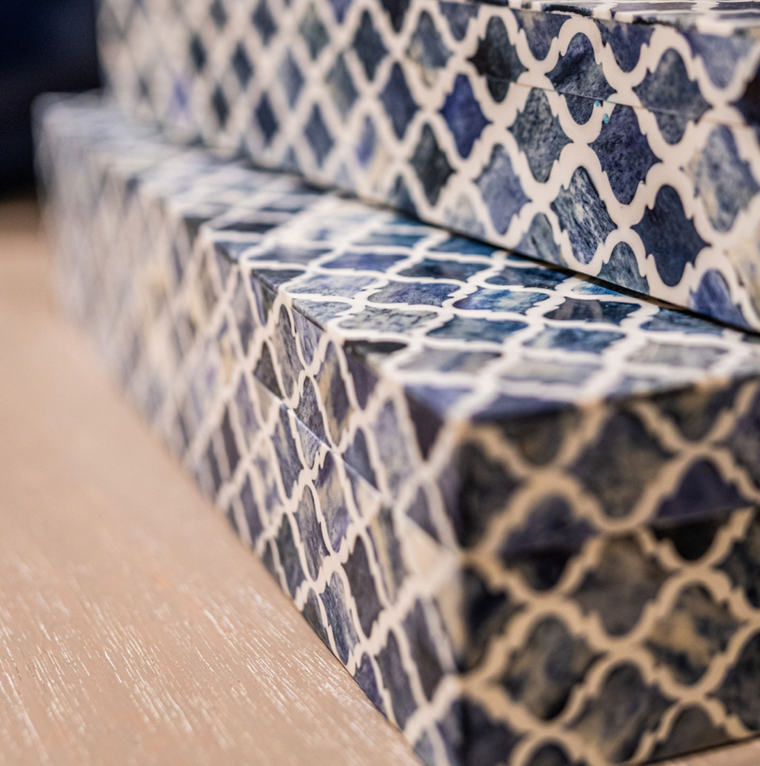 Rhea Wood and Bone Decorative Box, Blue