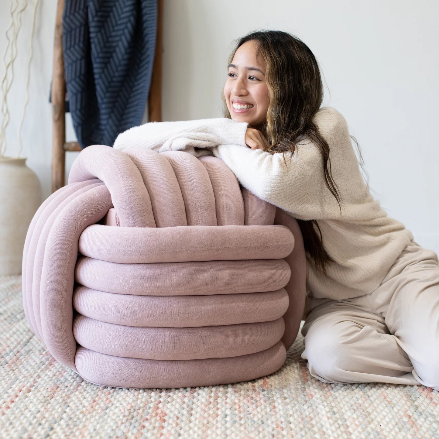 Large Pink Knitted Pouf