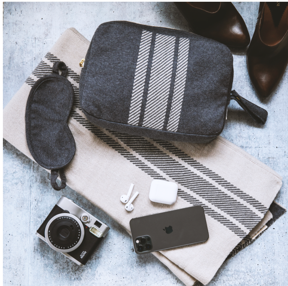 Grey Striped Travel Blanket Set