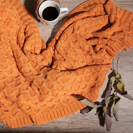 Washed Curvy Cotton Knit Throw Blanket / Orange