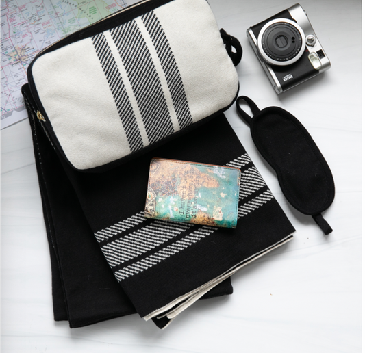 Black & White Striped Travel Blanket Set