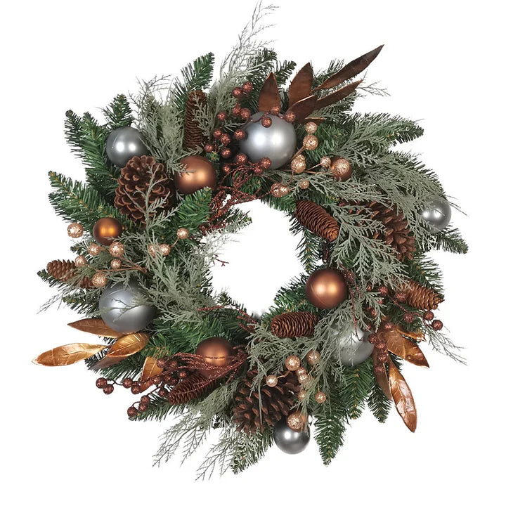 24" Unlit Silver Ball Green Wreath