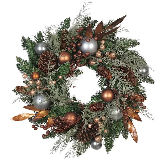 24" Unlit Silver Ball Green Wreath