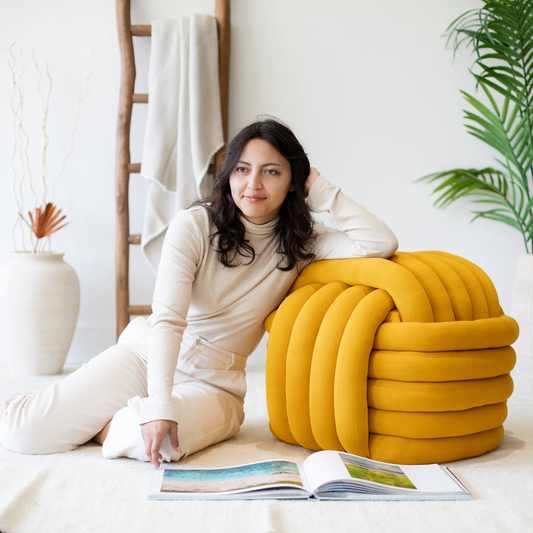 Large Yellow Knitted Pouf