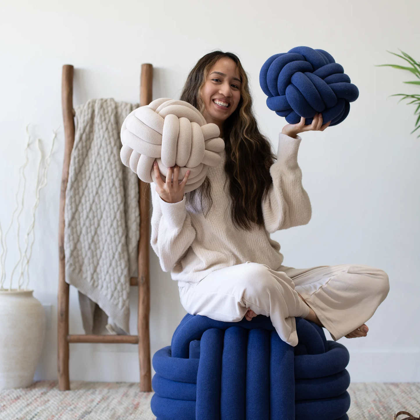 Large Blue Knitted Pouf