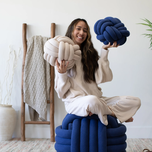 Large Blue Knitted Pouf